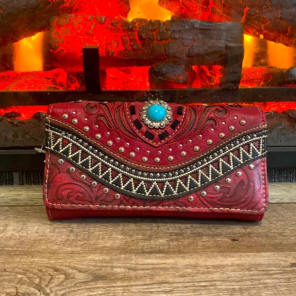 Multi Functional and Multi Pocket Western Concho Trifold Clutch Crossbody Wallet